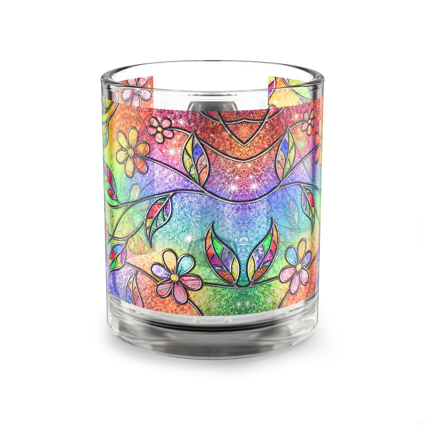 Rainbow Floral Pattern Glass Mug 10oz Colorful Flower Design