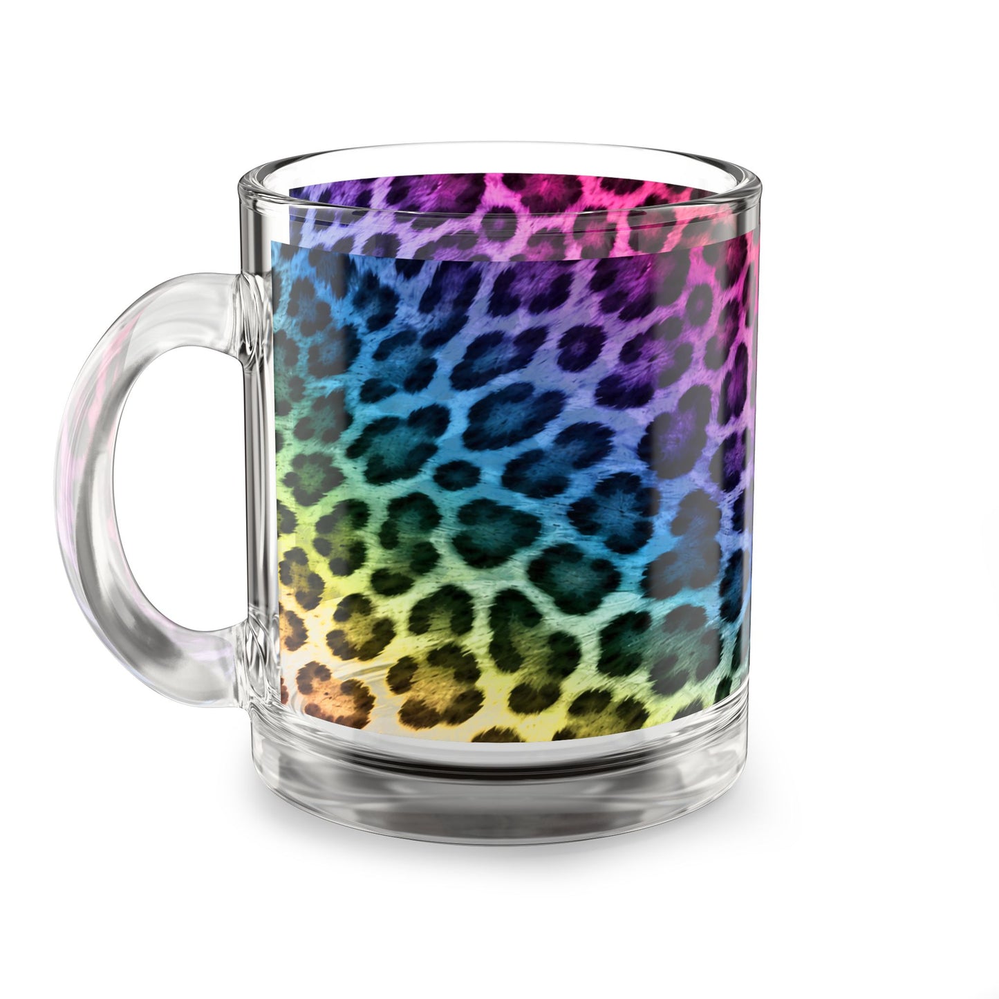 Rainbow Leopard Print Glass Mug Colorful Animal Pattern, 10oz