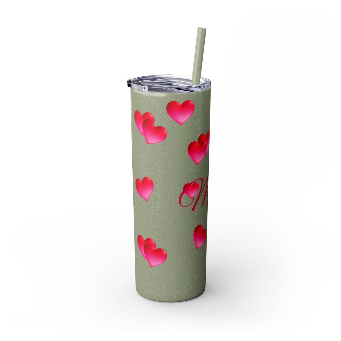 Gepasmaakte Glitter 20oz Dun Tumbler met Pienk Hartpatroon — [Jou Naam Hier]