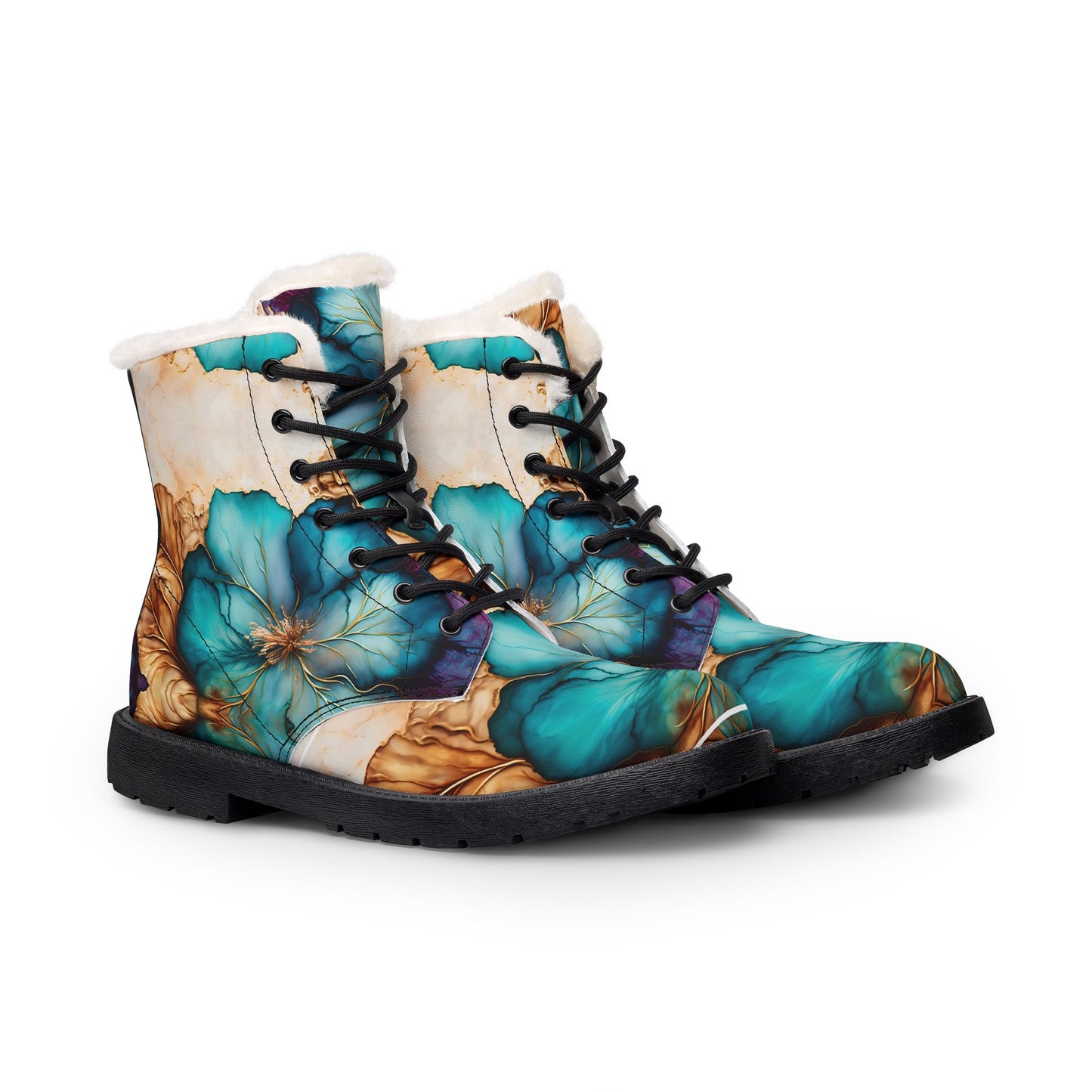 Teal Floral Fur-Lined Leather Boots — Women's Winter Ankle Boots