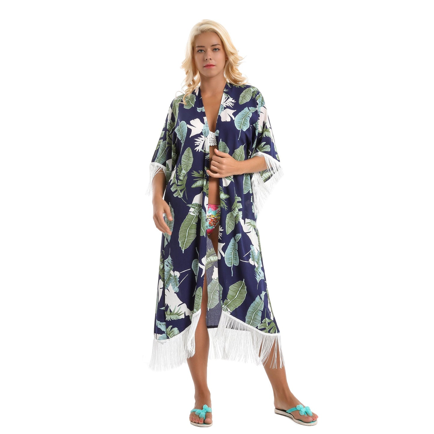 Summer Holiday Trend Leaf Pattern Tassel Bikini Jacket Sun Protective Blouse Cardigan