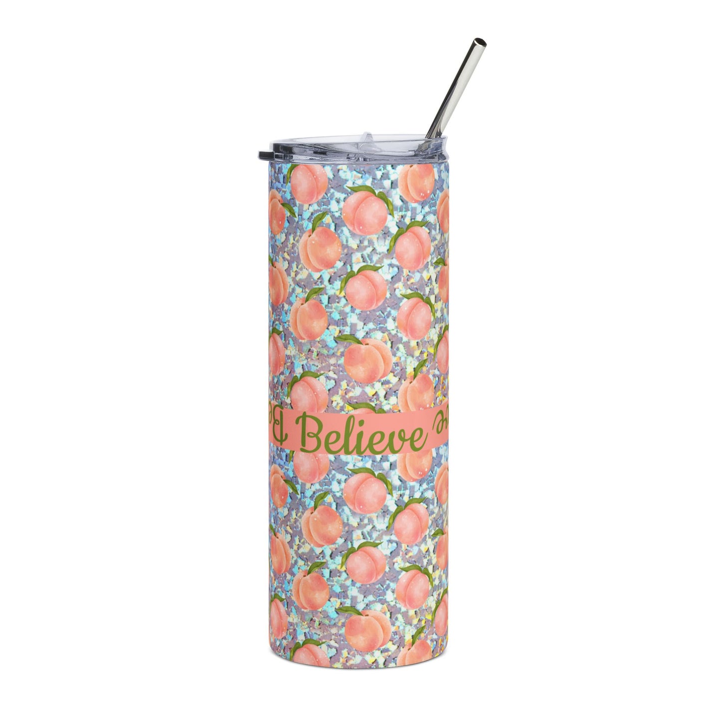 Custom Peach Pattern Believe Tumbler | 20oz Stainless Steel Travel Cup