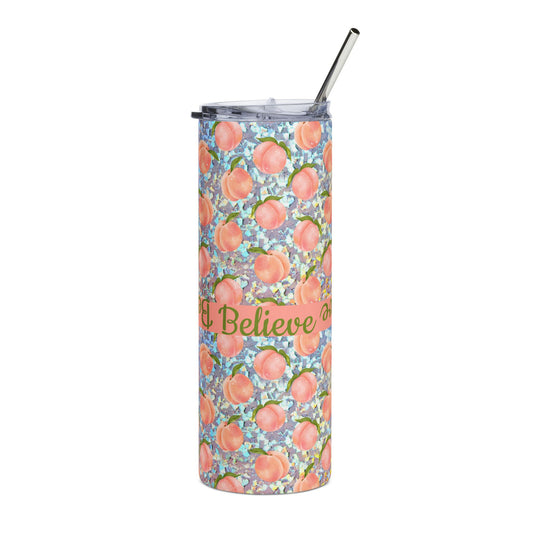 Custom Peach Pattern Believe Tumbler | 20oz Stainless Steel Travel Cup