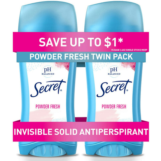 Secret Invisible Solid Antiperspirant And Deodorant, Powder Fresh, Twin Pack, 2.6 Oz. Each