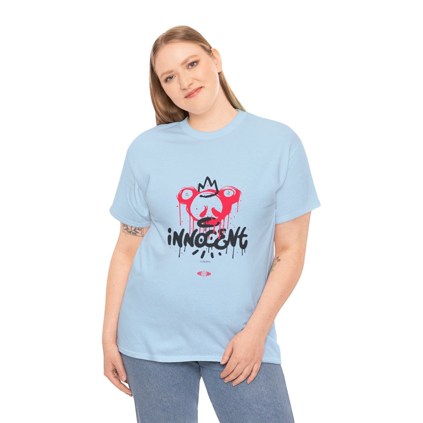 Edgy Graphic Tee: 'Innocent' Design, Urban Fashion, Streetwear, Unisex Cotton T-Shirt, Music Festivals, Casual Wear