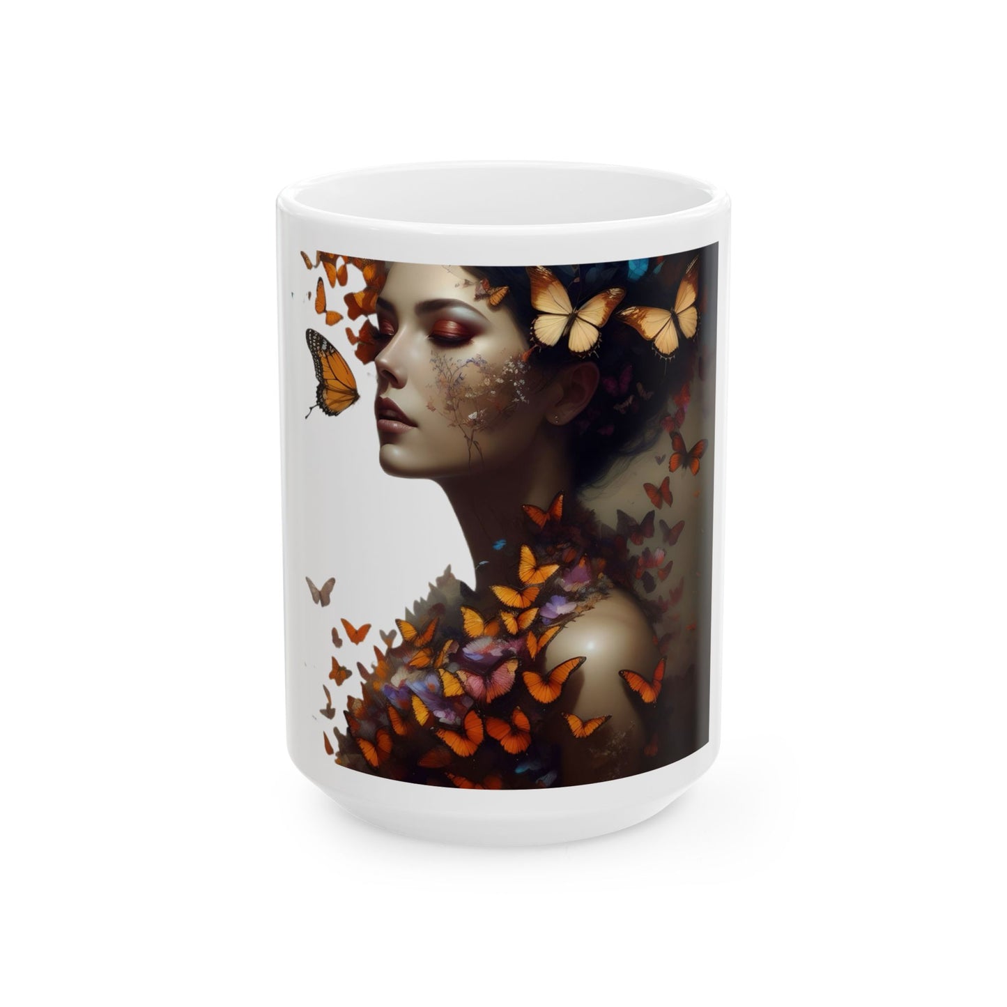 Butterfly Embrace Woman Ceramic Mug | Unique Gift for Nature Lovers, Inspirational Coffee Cup, Home Decor, Animal Art, Beautiful Butterfly Design