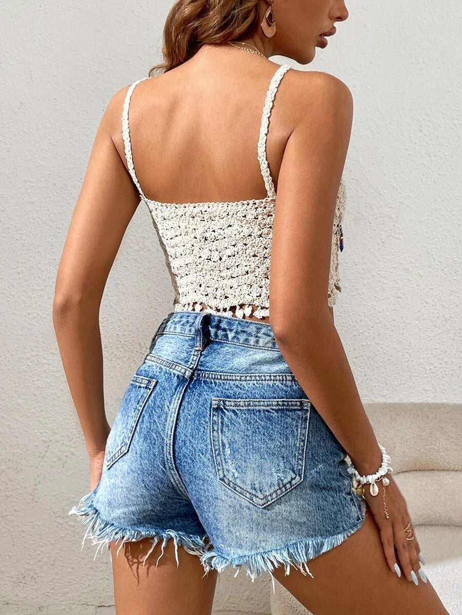 Women New Summer Solid Color Hand Knitted Hollow Sling Top Crochet hook