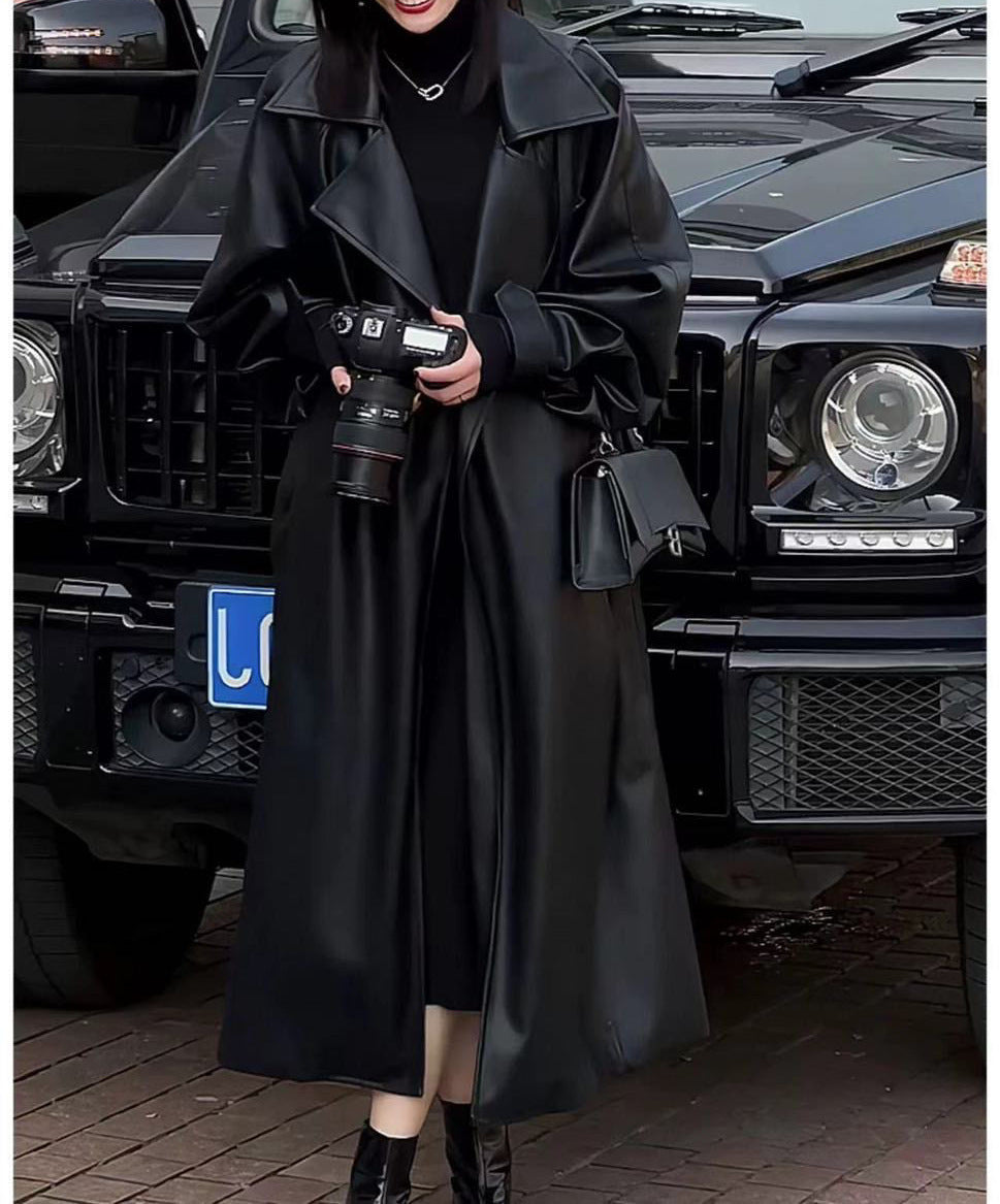 Women's Fashion Temperament Long Below The Knee PU Leather Coat