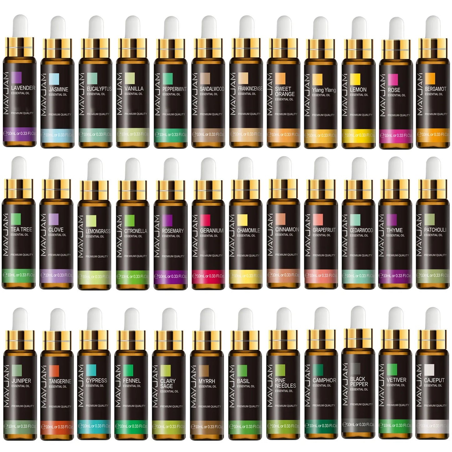 Collection of MayJam essential oil bottles and droppers on a white background