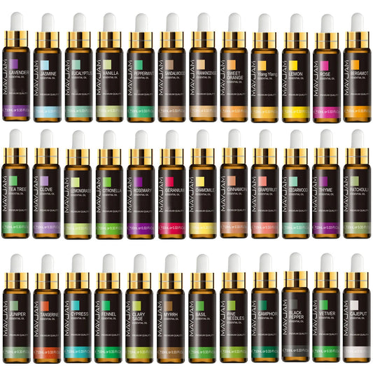 Collection of MayJam essential oil bottles and droppers on a white background
