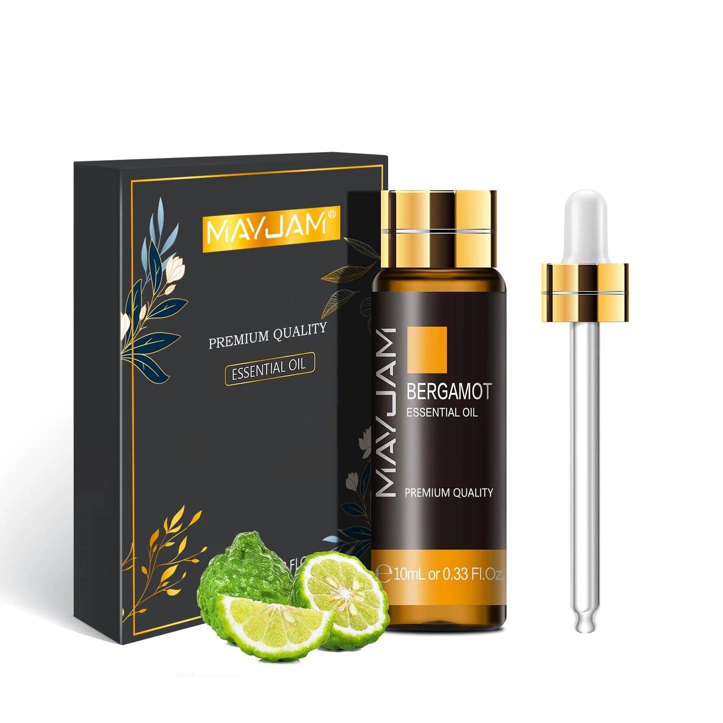 MAYJAM Bergamot essential oil bottle with packaging, dropper, and lime slices on a white background