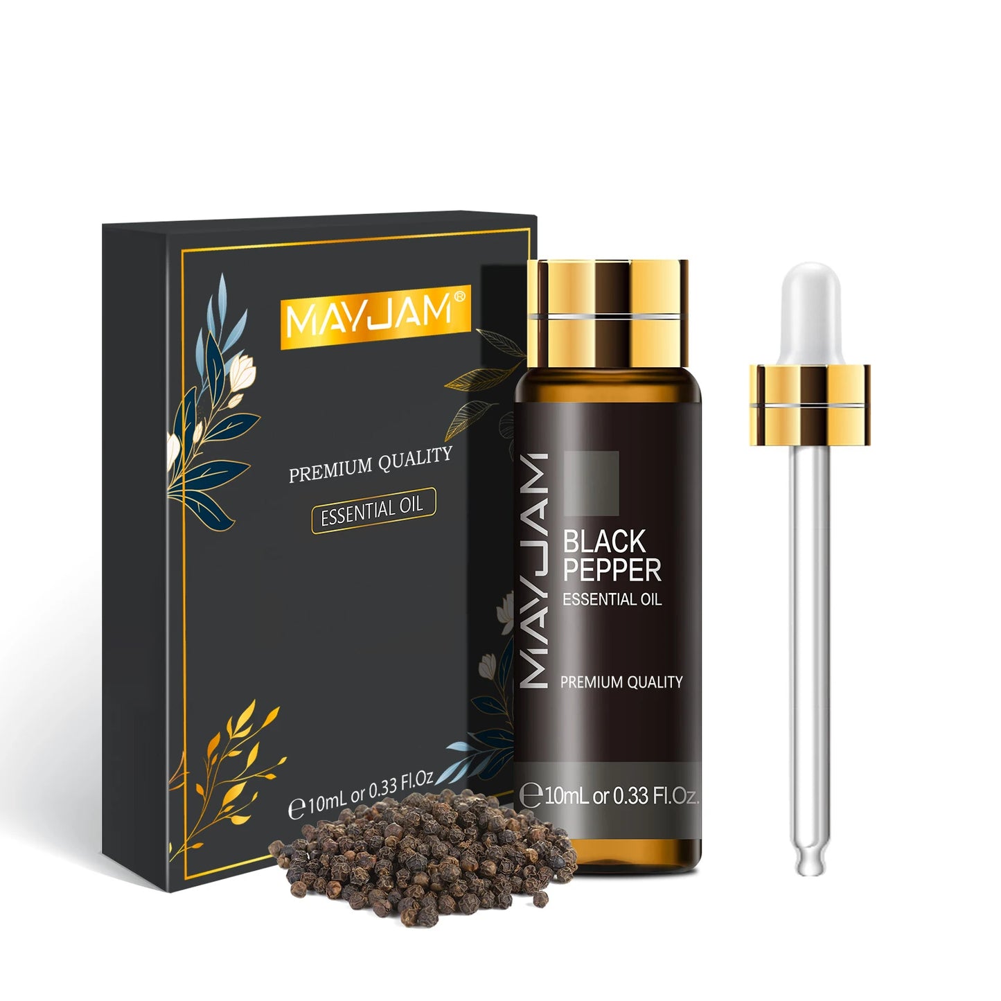 MAYJAM Black Pepper essential oil bottle with packaging, peppercorns, and dropper on a white background