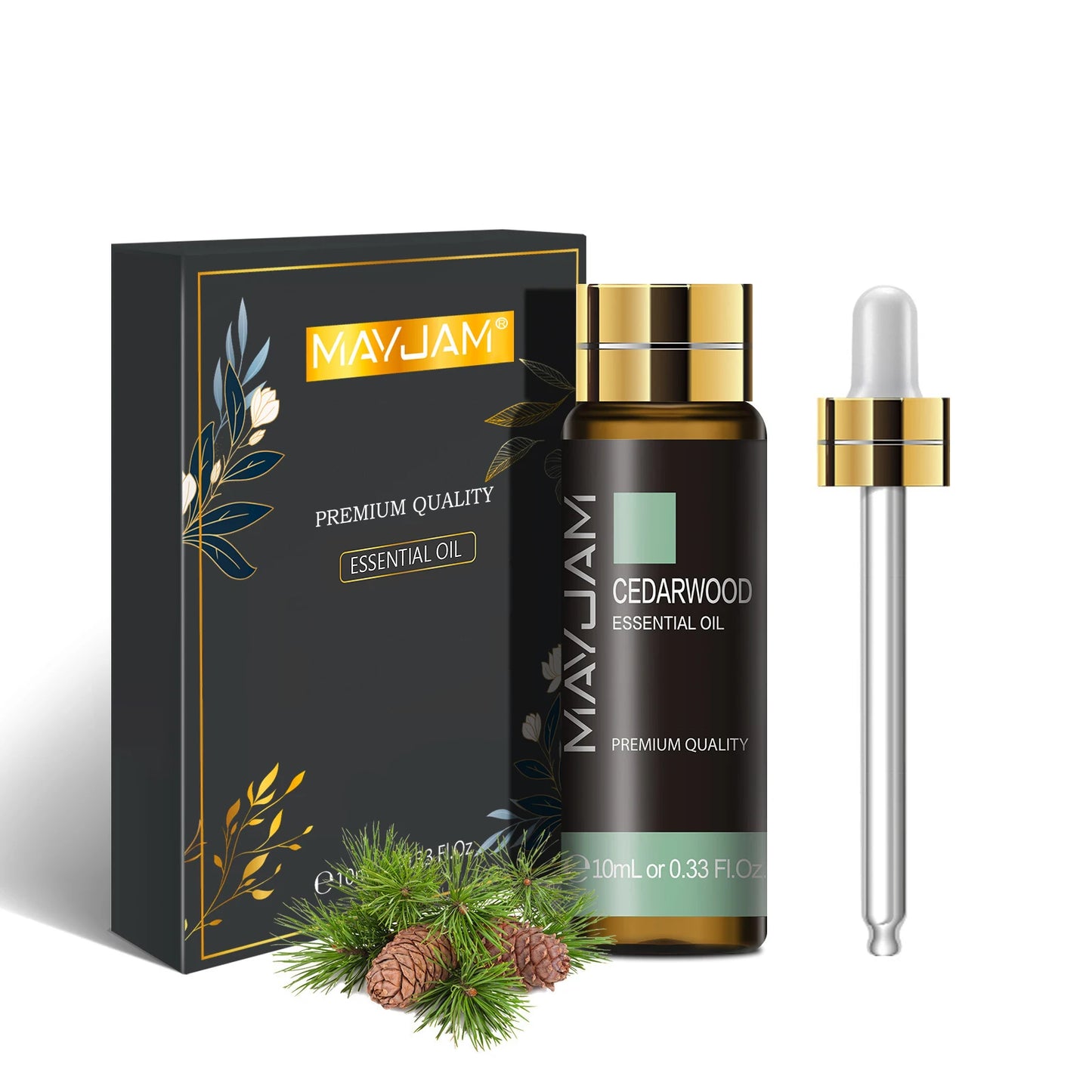 MAYJAM cedarwood essential oil set with bottle, box, and dropper on a white background