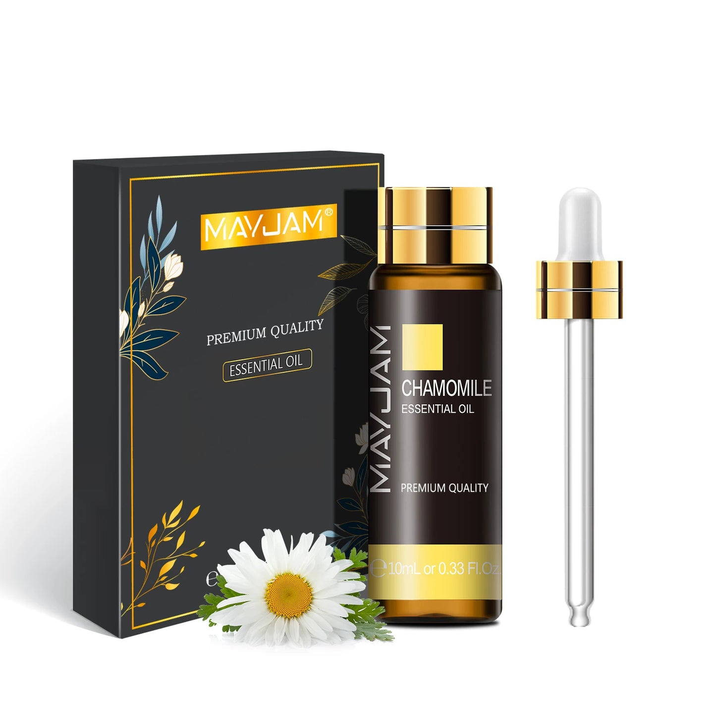 MayJam chamomile essential oil bottle with dropper and packaging on a white background