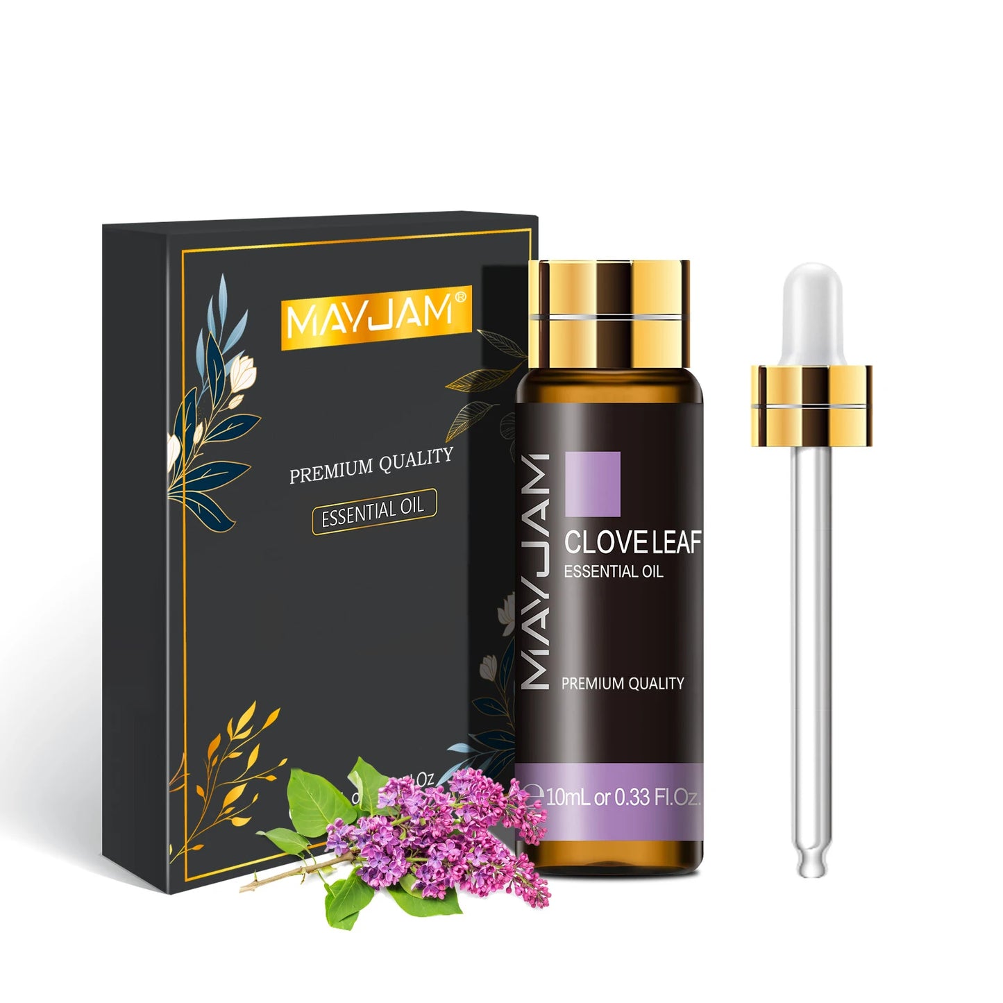 MayJam Clove Leaf essential oil bottle with dropper and packaging on a white background