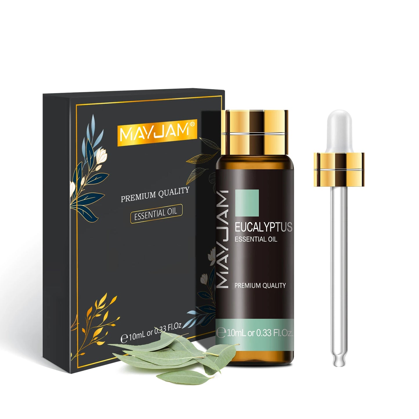 MAYJAM eucalyptus essential oil bottle with dropper and packaging on a white background
