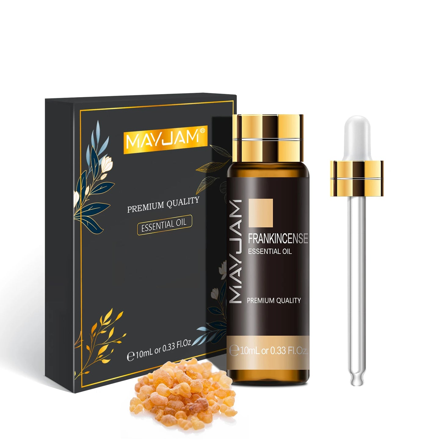 MAYJAM Frankincense essential oil set with bottle, packaging, and resin on a white background