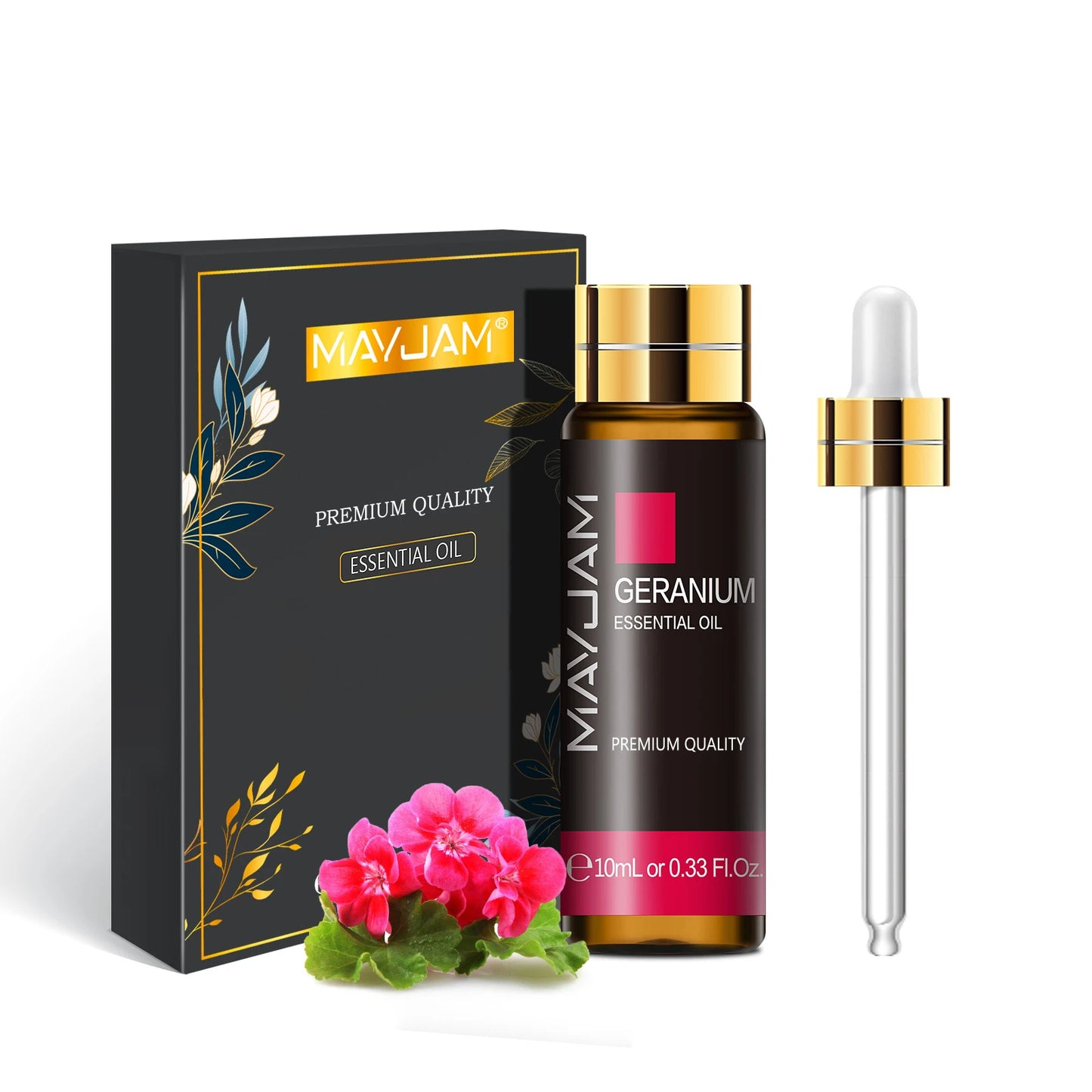 MayJam Geranium essential oil bottle with packaging and dropper on a white background