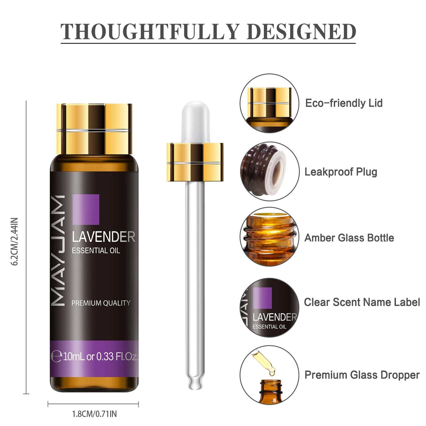MayJam lavender essential oil bottle with dropper and features listed on a white background