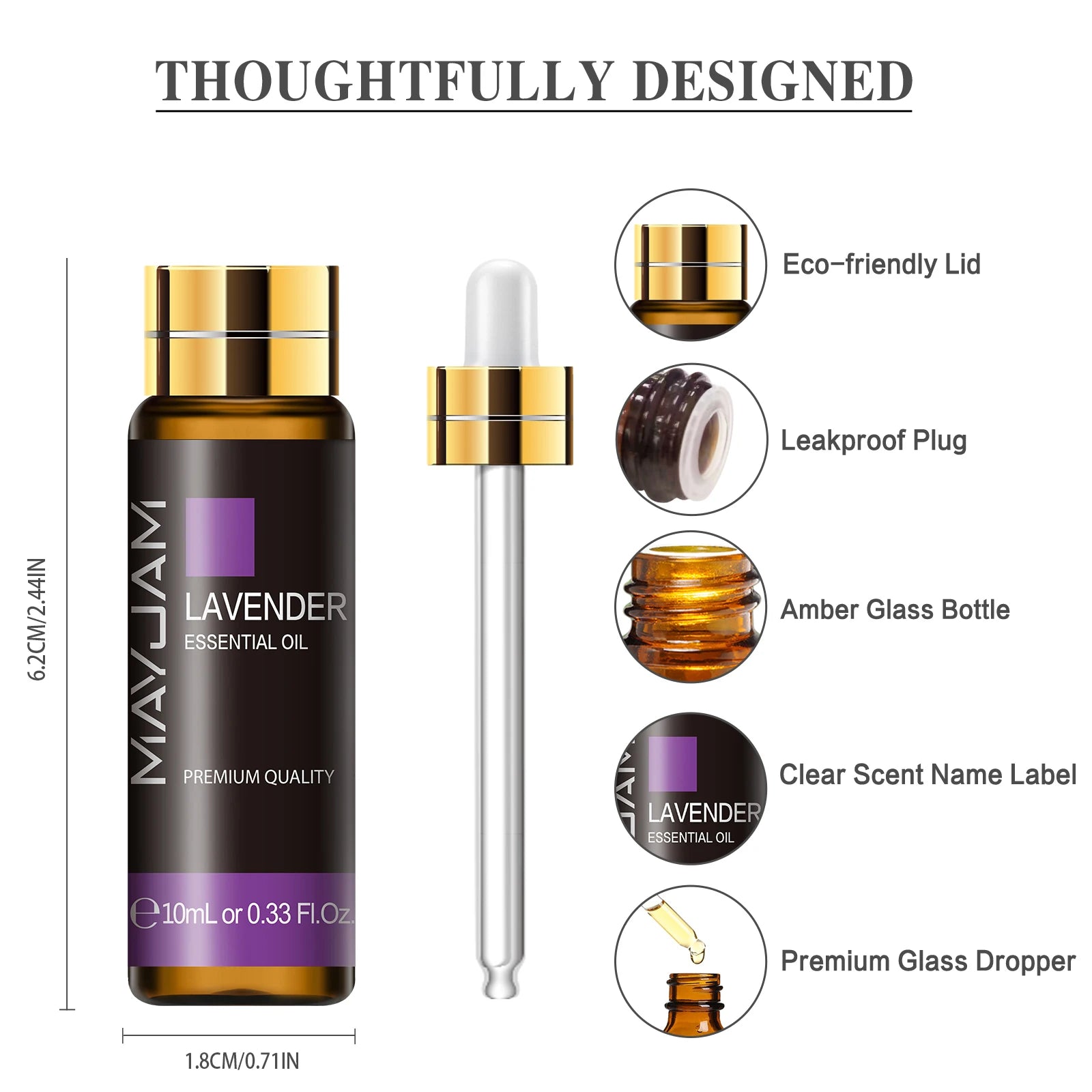 MayJam lavender essential oil bottle with dropper and features listed on a white background