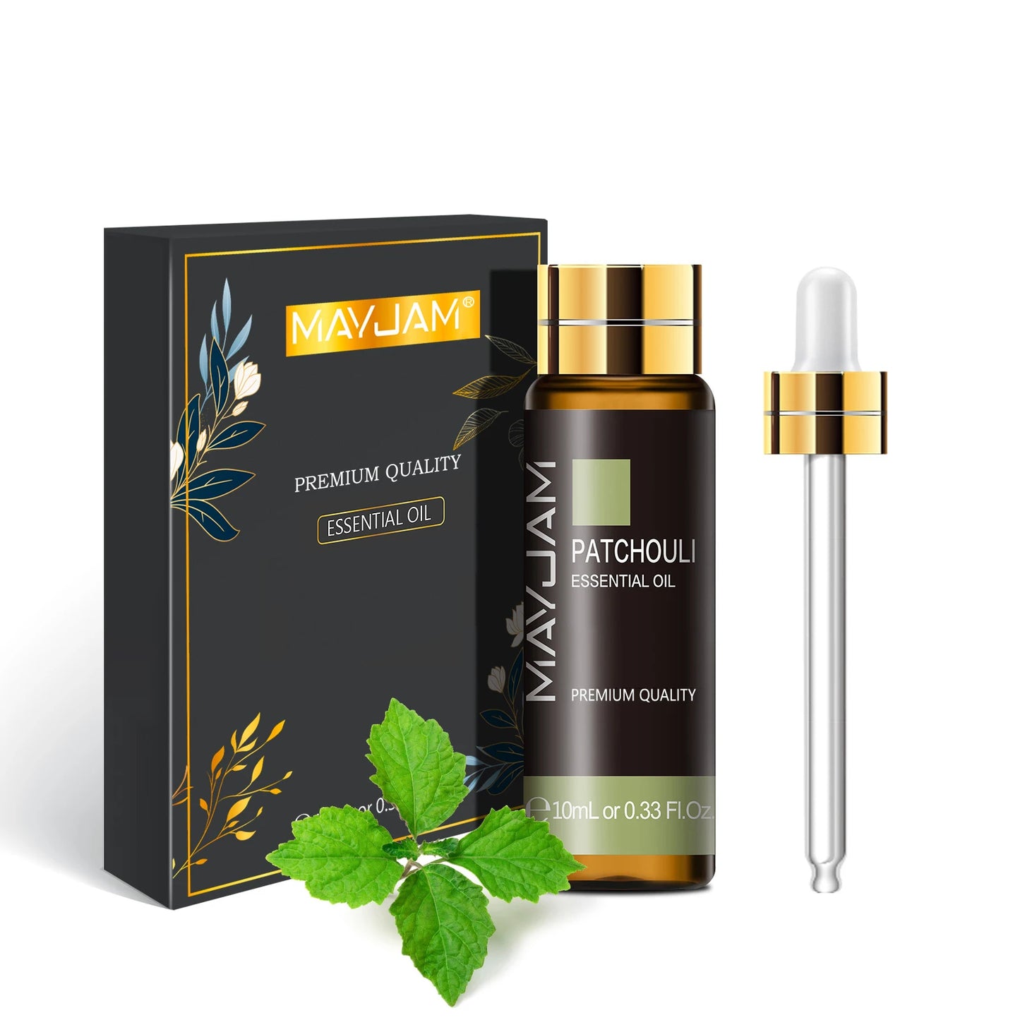 MayJam Patchouli essential oil bottle with dropper and packaging on a white background
