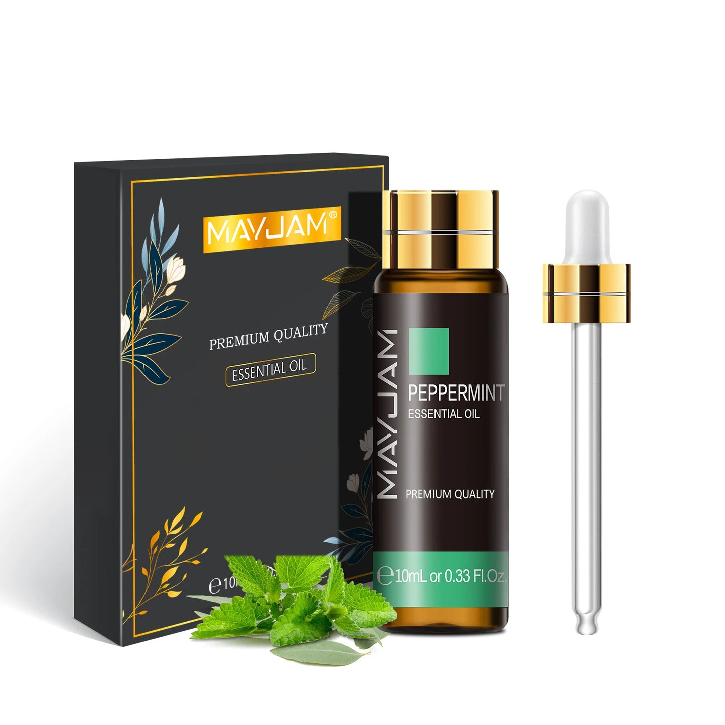 MAYJAM peppermint essential oil bottle with packaging, dropper, and mint leaves on a white background