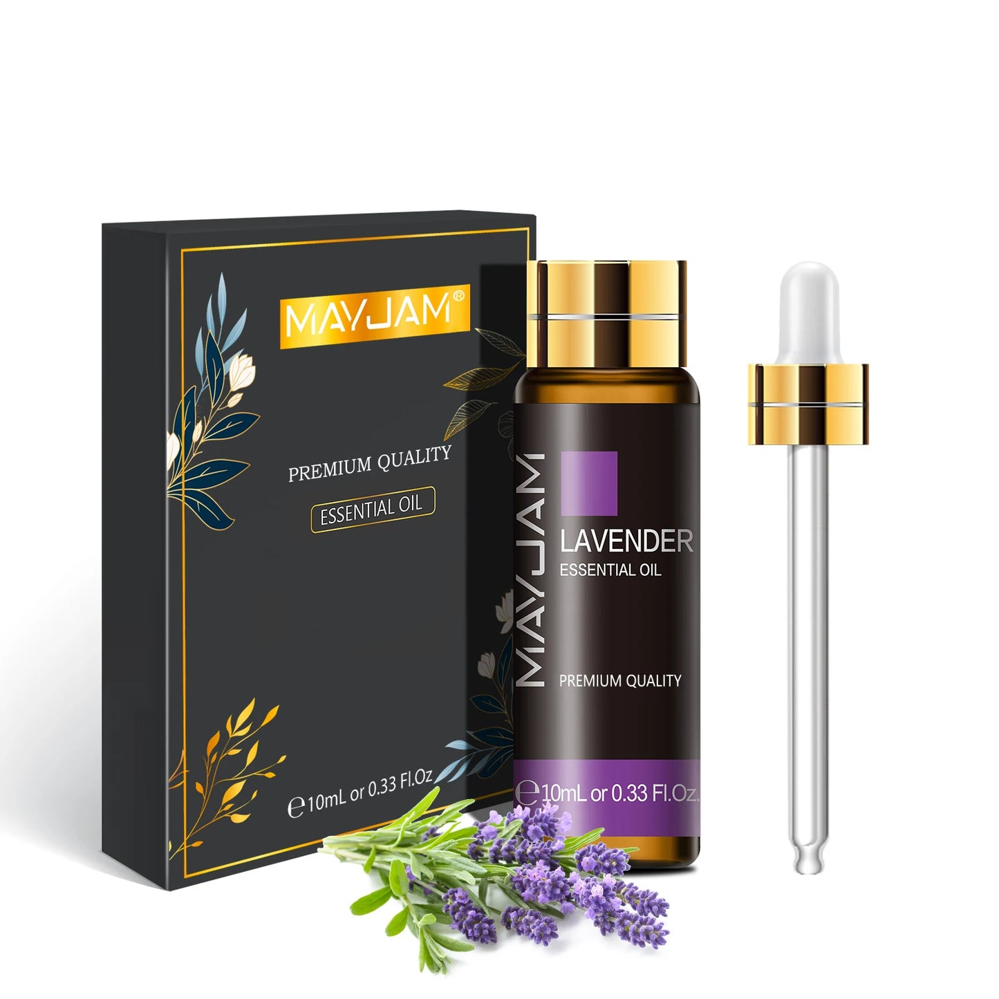 MayJam lavender essential oil bottle with packaging, dropper, and lavender flowers on a white background
