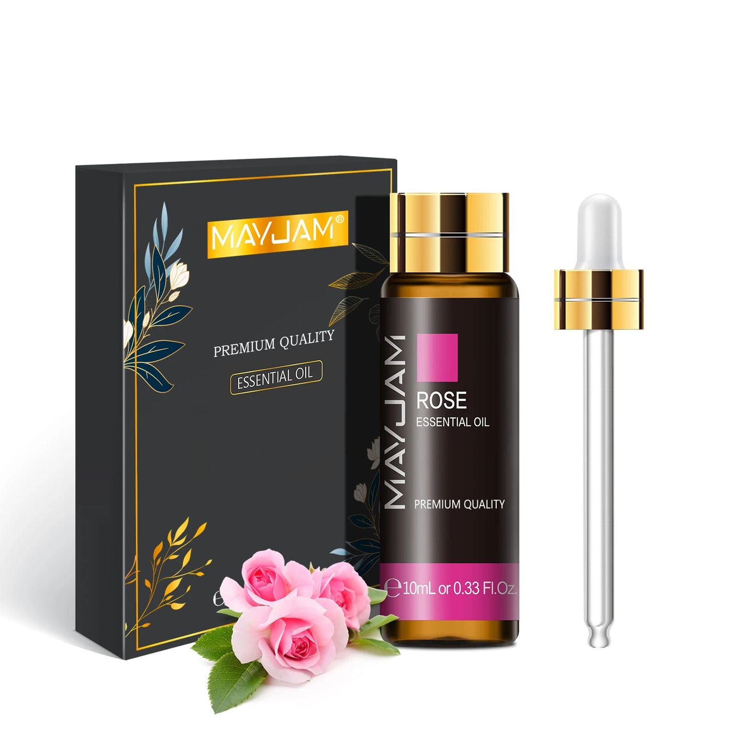 MAYJAM Rose essential oil bottle with packaging and dropper on a white background
