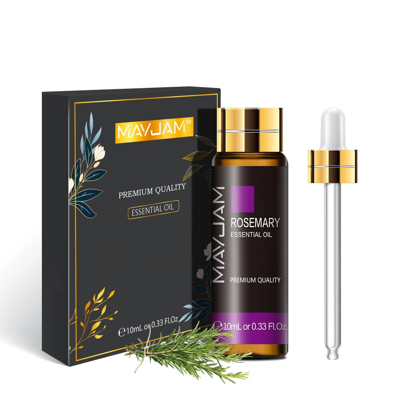 MayJam Rosemary essential oil bottle with packaging and dropper on a white background