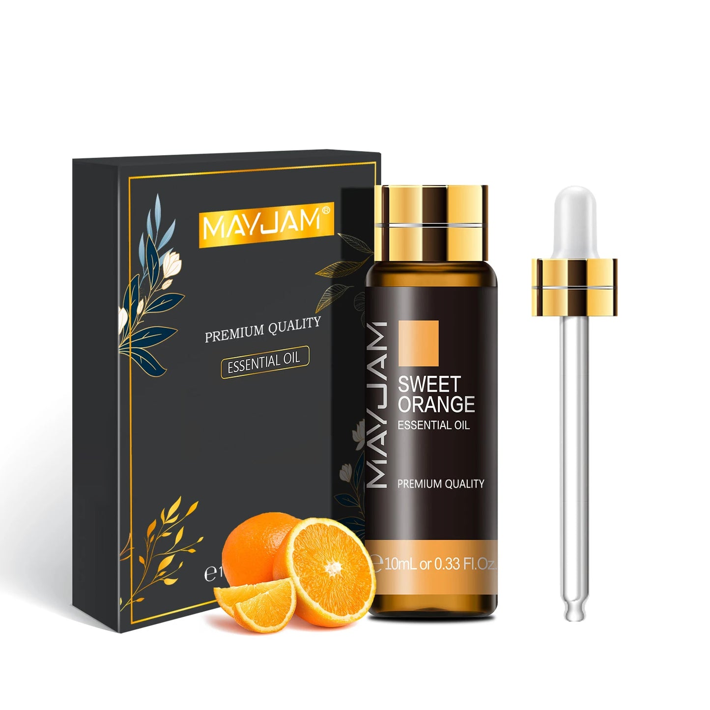 MayJam Sweet Orange essential oil bottle with packaging, oranges, and dropper on a white background