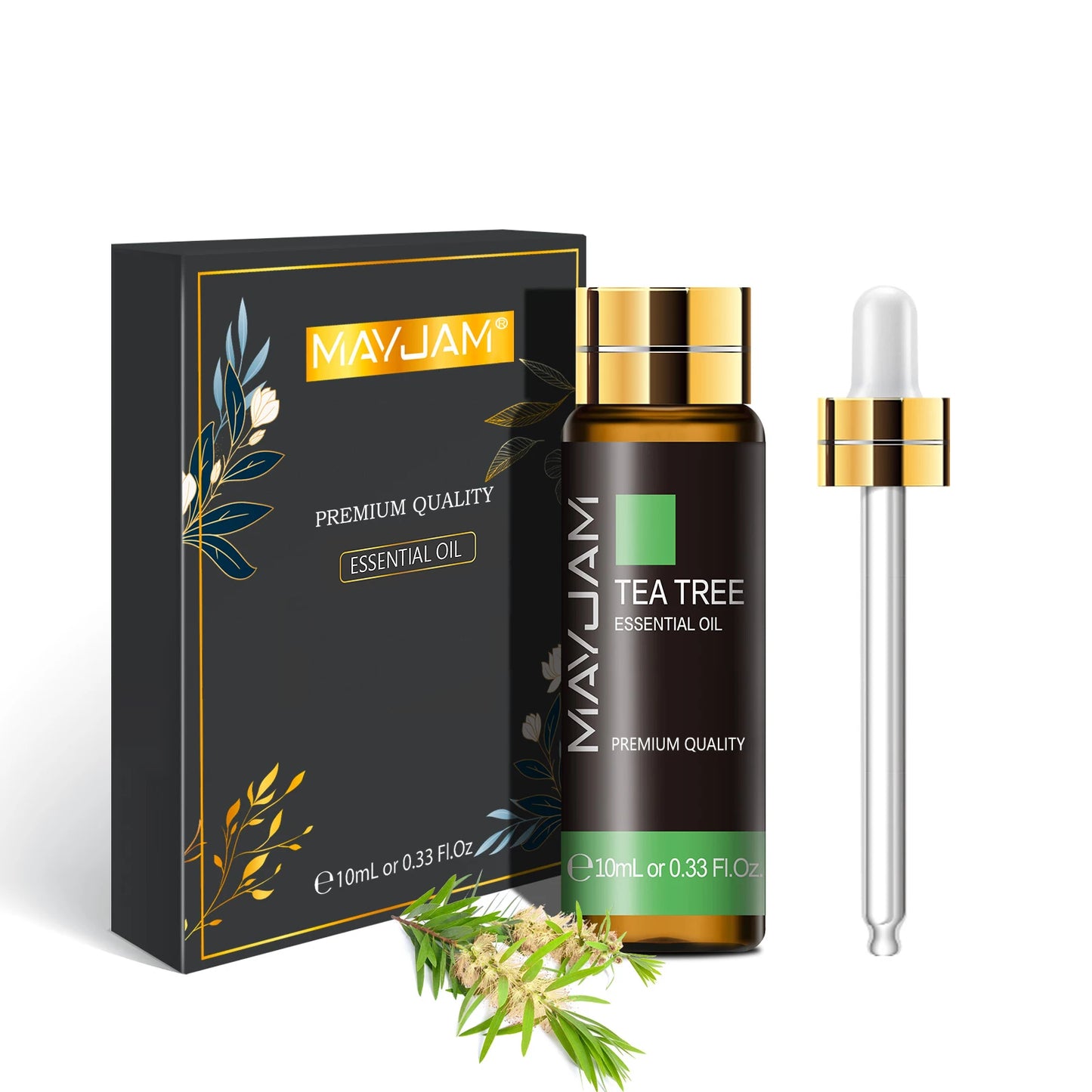 MAYJAM Tea Tree essential oil bottle with packaging and dropper on a white background