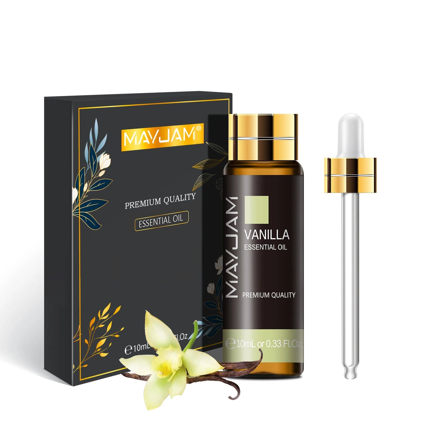 MayJam Vanilla essential oil bottle with packaging and dropper on a white background