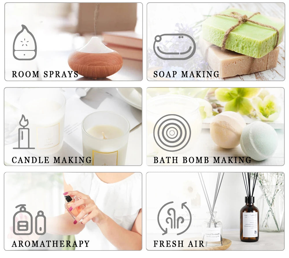 Various uses of fragrance oil including room sprays, soap making, candle making, bath bomb making, aromatherapy, and fresh air.