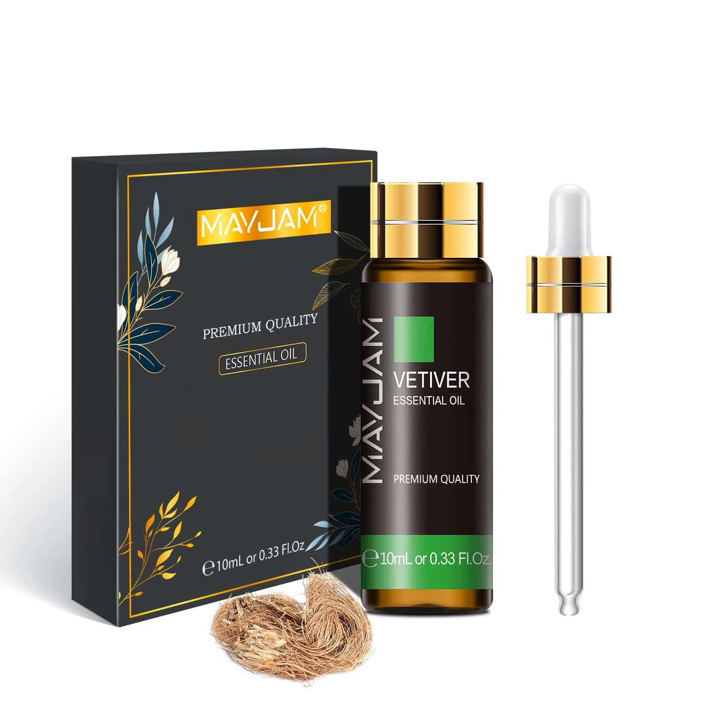 MayJam Vetiver essential oil bottle with packaging, dropper, and straw on a white background