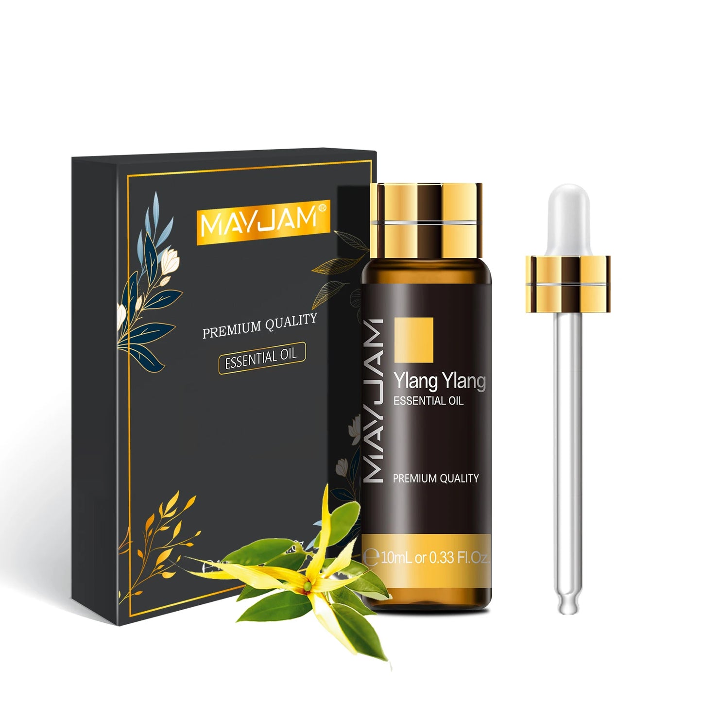 MAYJAM Ylang Ylang essential oil bottle with dropper and packaging on a white background