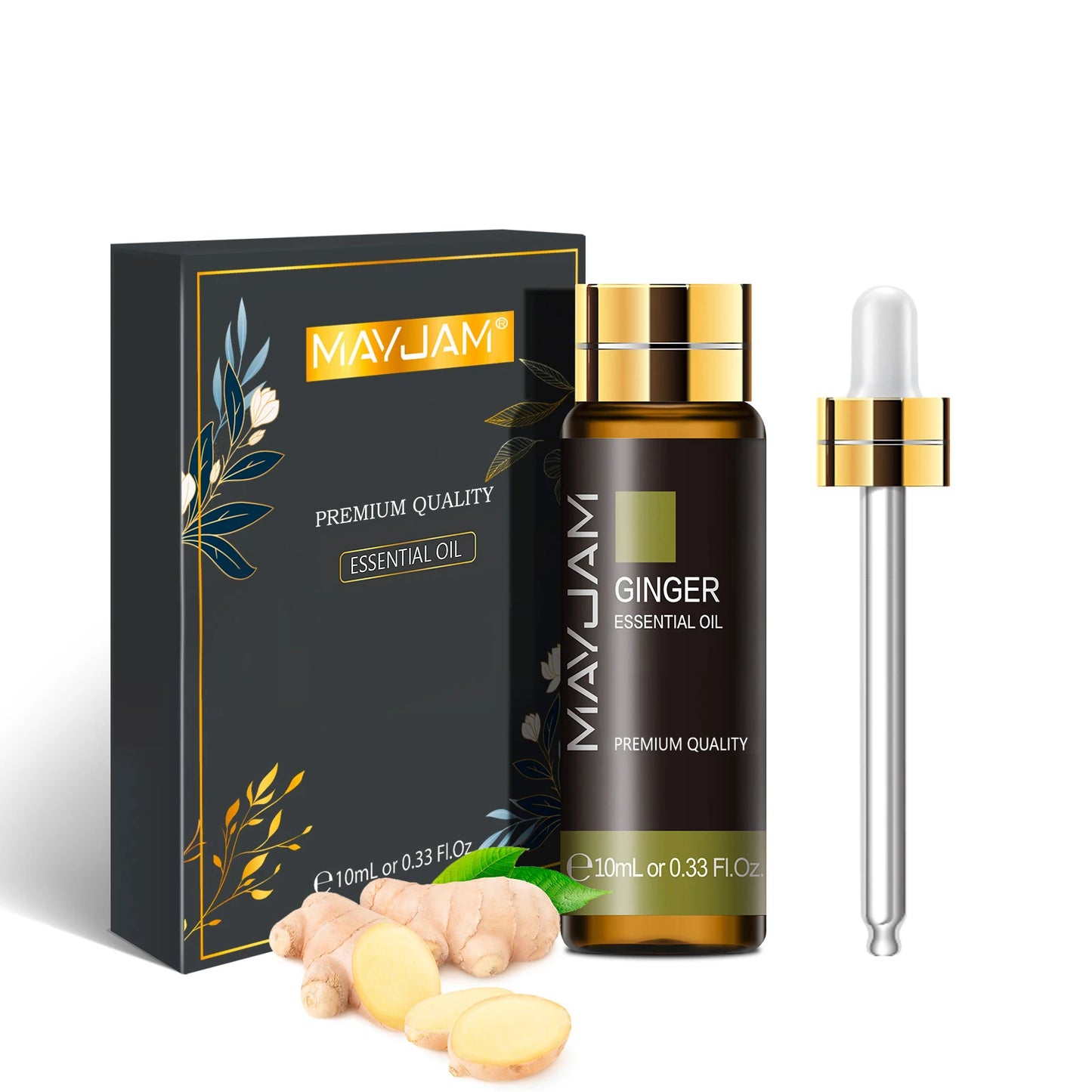 MAYJAM ginger essential oil bottle with packaging, dropper, and ginger roots on a white background