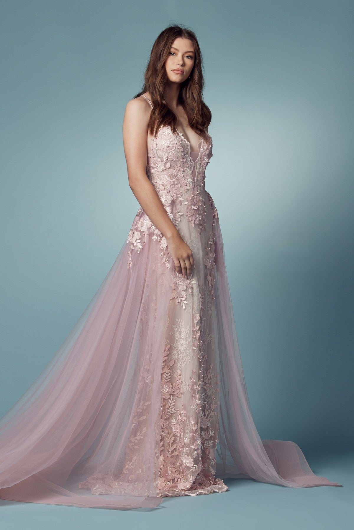 Pearls Embellished Long Formal Gown w/ Floral Motif & Plunging Neckline NXF485