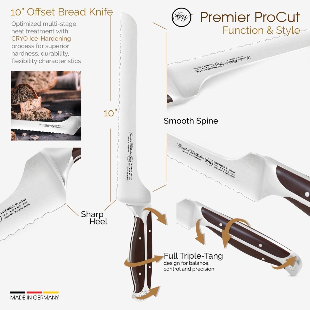 Gunter Wilhelm Premier Offset Bread Knife, 10 Inch | Dark Brown ABS Handle SKU: 30-318-1510-3