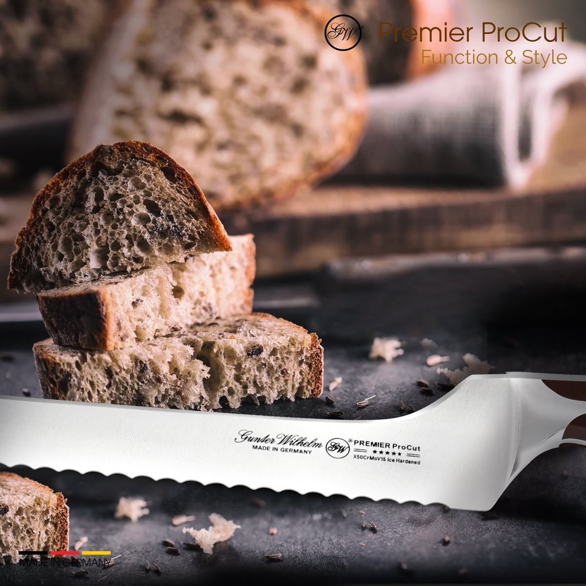 Gunter Wilhelm Premier Offset Bread Knife, 10 Inch | Dark Brown ABS Handle SKU: 30-318-1510-4