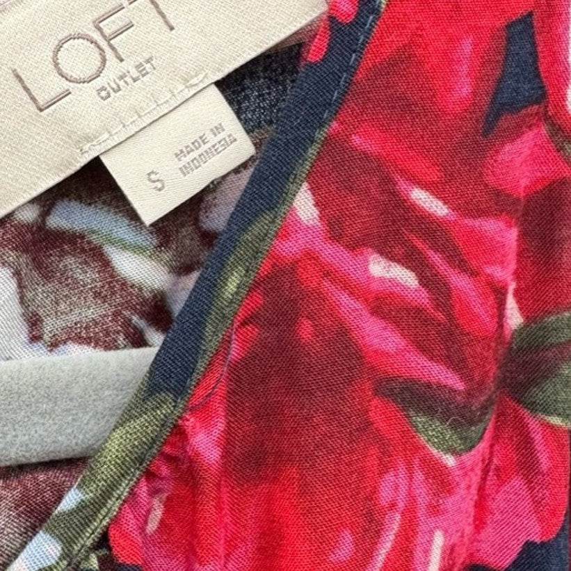 Loft Womens Small Navy Red Sleeveless Back Zip Tie Waist Floral Romper Jumpsuit