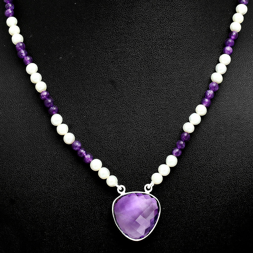 Premium Quality Amethyst Briolette & Pearl Beaded Necklace N-1027 11-EN10024-1