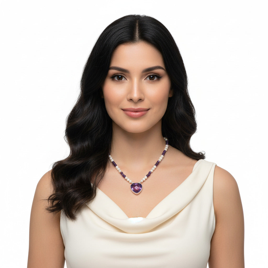 Premium Quality Amethyst Briolette & Pearl Beaded Necklace N-1027 11-EN10024-0