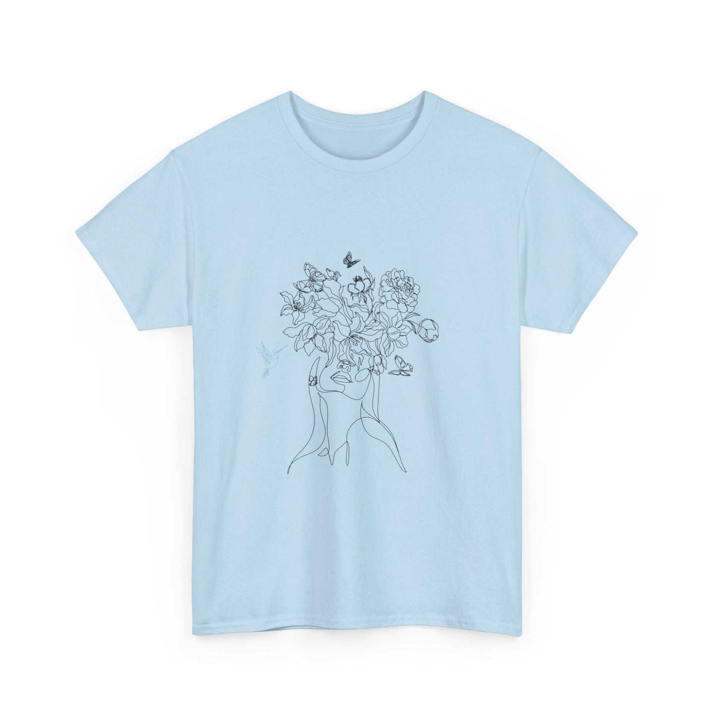 Floral Art Sketch Woman Flowers Hummingbird Unisex Heavy Cotton Tee - Beautiful Gift for Her, Everyday Comfort, Spring Style, Unique Graphic Shirt
