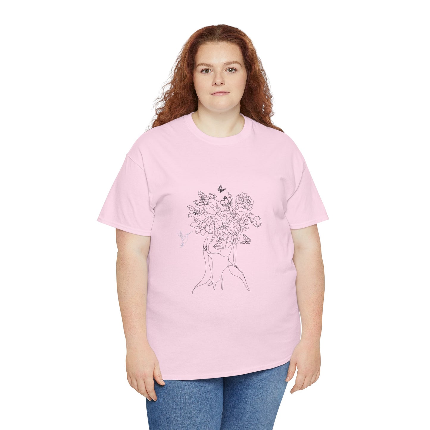 Floral Art Sketch Woman Flowers Hummingbird Unisex Heavy Cotton Tee - Beautiful Gift for Her, Everyday Comfort, Spring Style, Unique Graphic Shirt