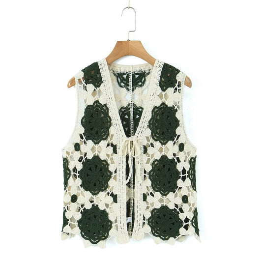Spring Arrival Contrast Color Crocheted Top Comfort Casual Women Clothing Hong Kong Retro Hollow Out Cutout Design Vest
