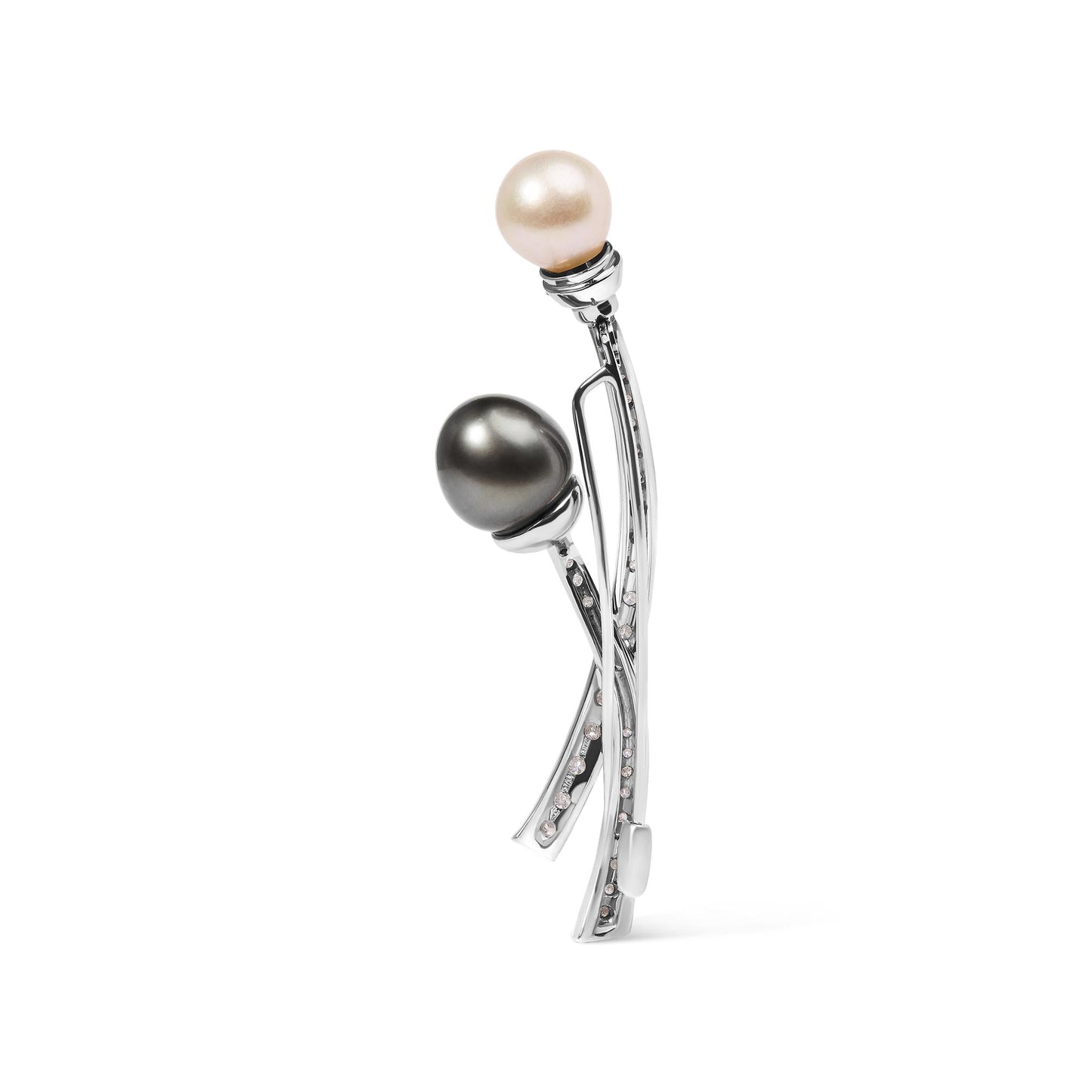 18K White Gold 3/5 Cttw Diamond and Cultured South Sea Black and White Pearl Brooch Pin (H-I Color, VS1-VS2 Clarity)-3