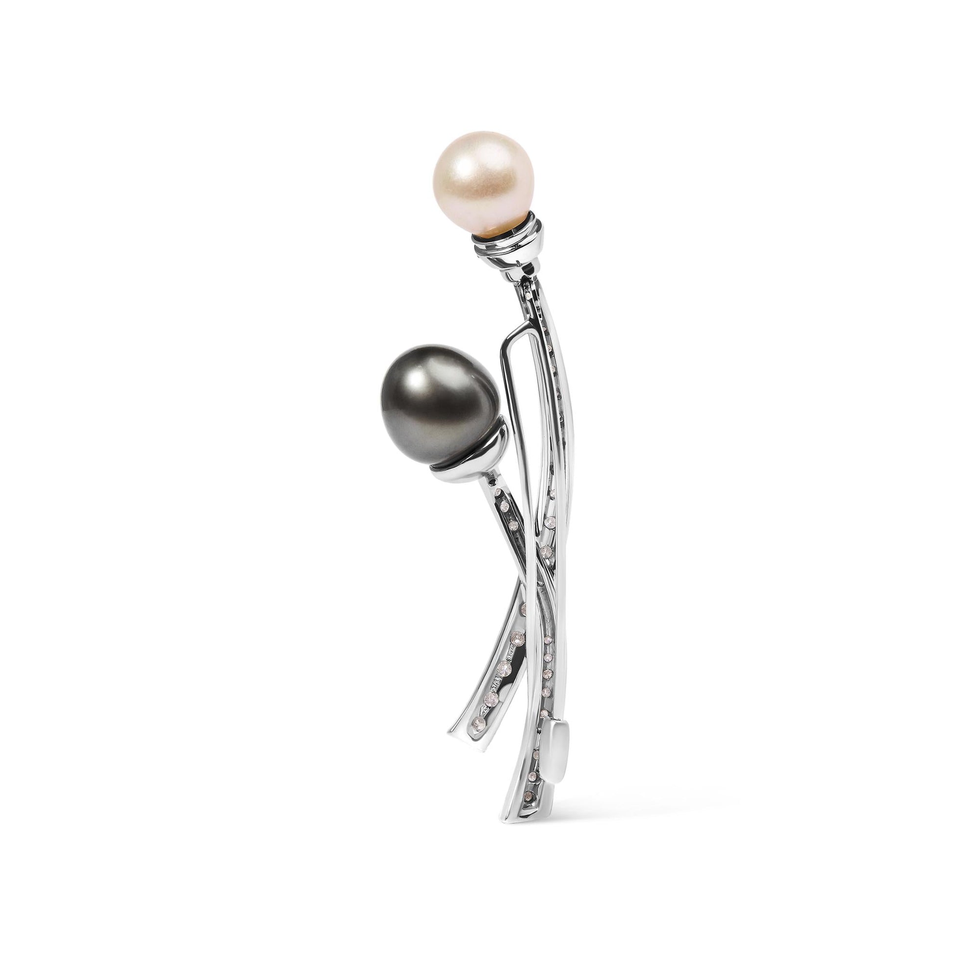 18K White Gold 3/5 Cttw Diamond and Cultured South Sea Black and White Pearl Brooch Pin (H-I Color, VS1-VS2 Clarity)-3