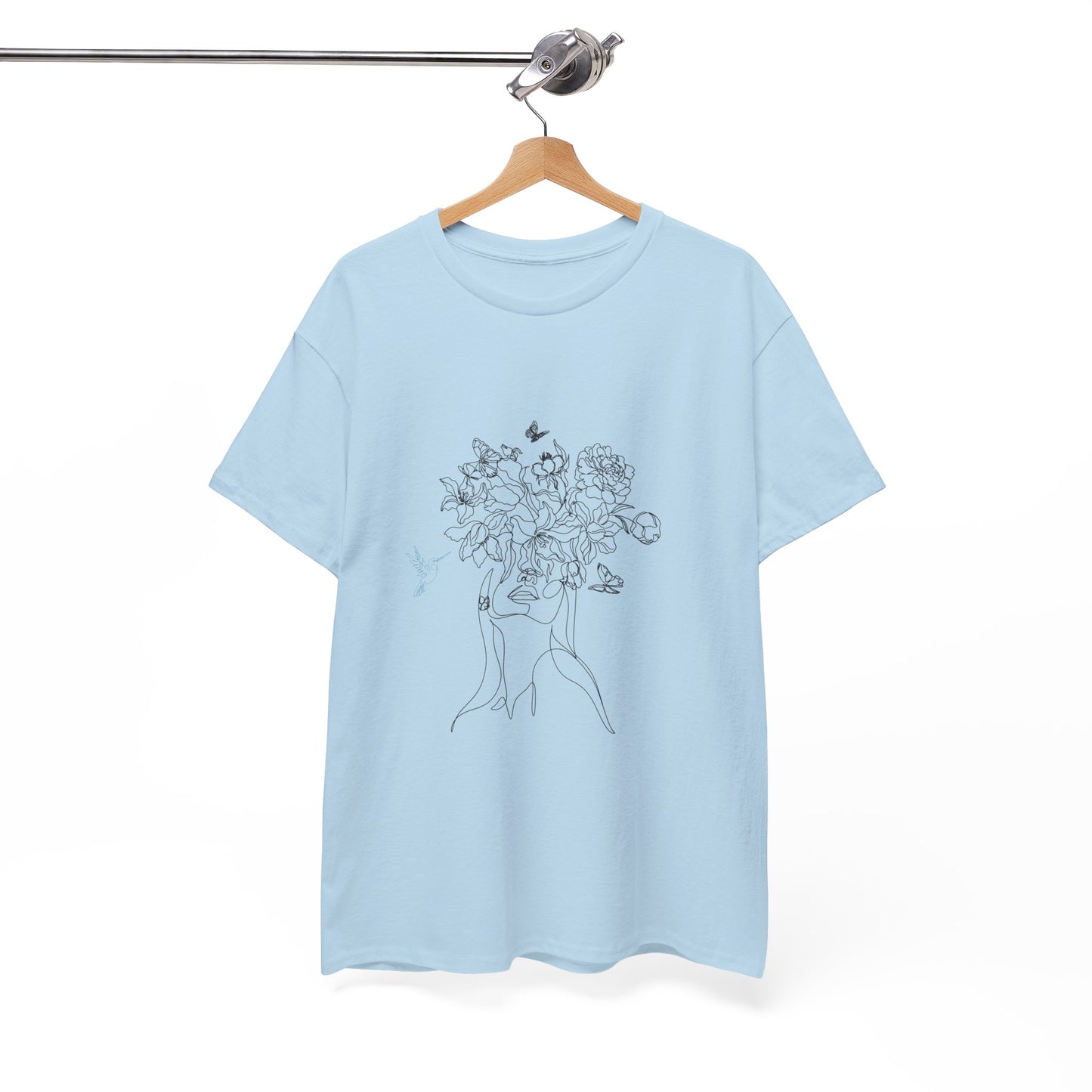 Floral Art Sketch Woman Flowers Hummingbird Unisex Heavy Cotton Tee - Beautiful Gift for Her, Everyday Comfort, Spring Style, Unique Graphic Shirt