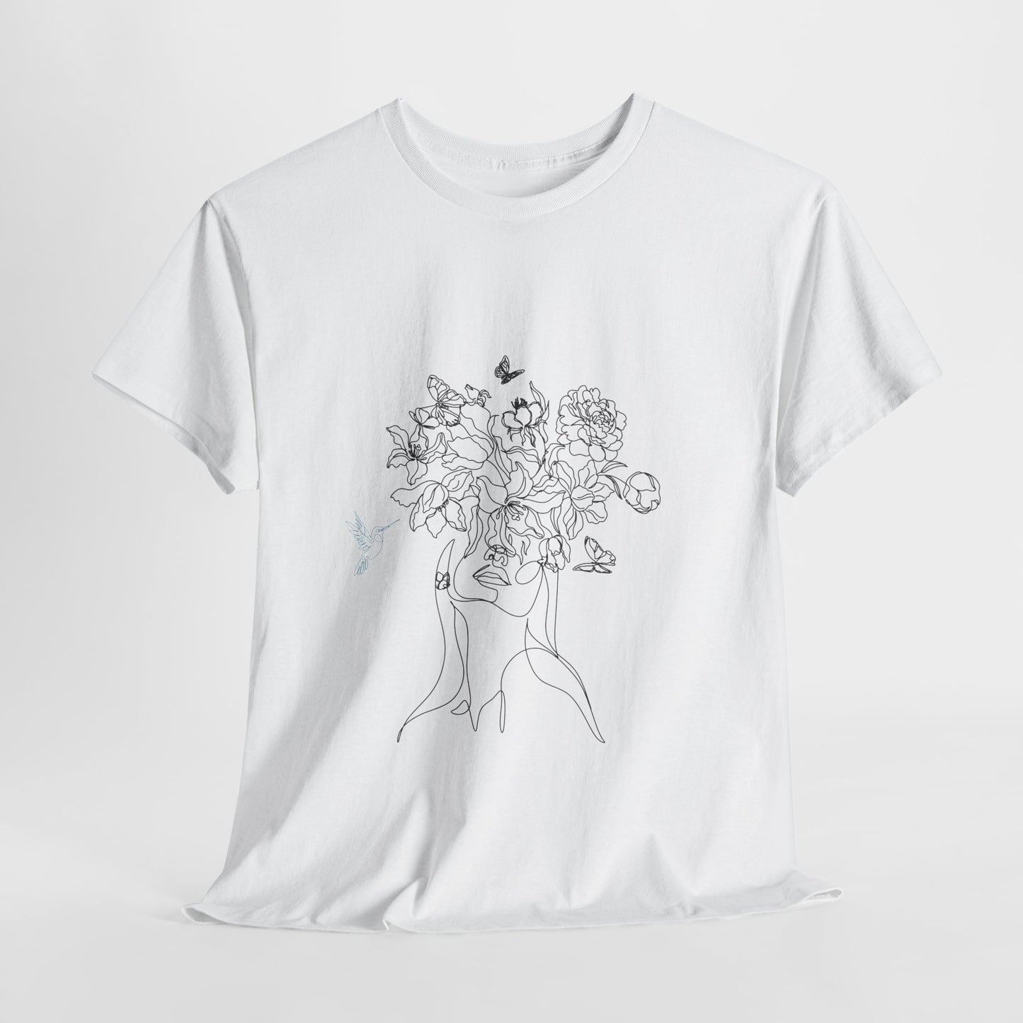 Floral Art Sketch Woman Flowers Hummingbird Unisex Heavy Cotton Tee - Beautiful Gift for Her, Everyday Comfort, Spring Style, Unique Graphic Shirt