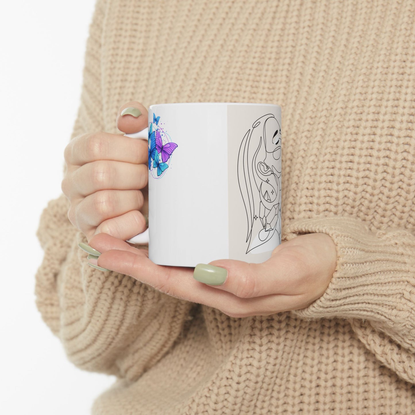 Artistic Butterfly Crystal Woman Ceramic Mug - Modern Line Art, Butterfly Design, Cute Gift, Home Decor, Coffee Lover, Artistic Print